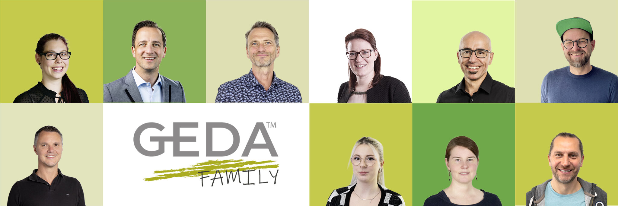 Eine Collage mit zehn lächelnden Menschen, fünf Männern und fünf Frauen, in einzelnen Rahmen mit grünem Hintergrund. In der Mitte erscheint das GEDA-Logo über dem Wort FAMILY in gelber Schrift.