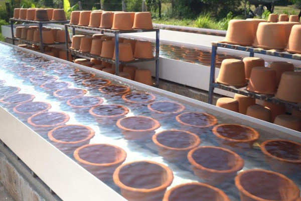 Reihen von braunen Tontöpfen stehen in langen, flachen Wassertrögen, während im Hintergrund weitere Tontöpfe auf Metallgestellen trocknen. Hinter den Gestellen ist grünes Laub zu sehen.