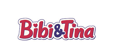 Das Logo von Bibi & Tina zeigt einen fetten, verspielten Text in Rot und Violett mit einem Herz, das den Punkt auf dem i in Bibi ersetzt, und einem Stern, der den Punkt auf dem i in Tina ersetzt, vor einem weißen Hintergrund.