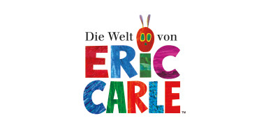 Logo mit dem Text Die Welt von Eric Carle in bunten, fetten Buchstaben, mit dem charakteristischen rot-grünen Raupenkopf mit gelben Augen und lila Fühlern über dem Wort ERIC.