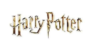 Das Bild zeigt das Harry-Potter-Logo in goldener, stilisierter Schrift mit scharfen, kantigen Kanten auf weißem Hintergrund. Der Buchstabe P in Potter ist länglich und ähnelt einem Blitz.