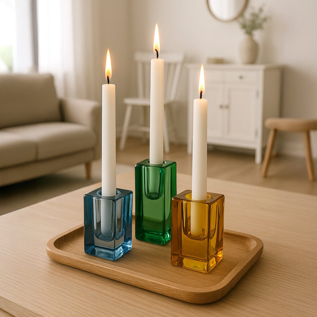 Drei brennende weiße Kerzen in blauen, grünen und bernsteinfarbenen Glashaltern stehen auf einem Holztablett auf einem hellen Holztisch in einem gemütlichen, sanft beleuchteten Wohnzimmer mit neutralen Möbeln im Hintergrund.