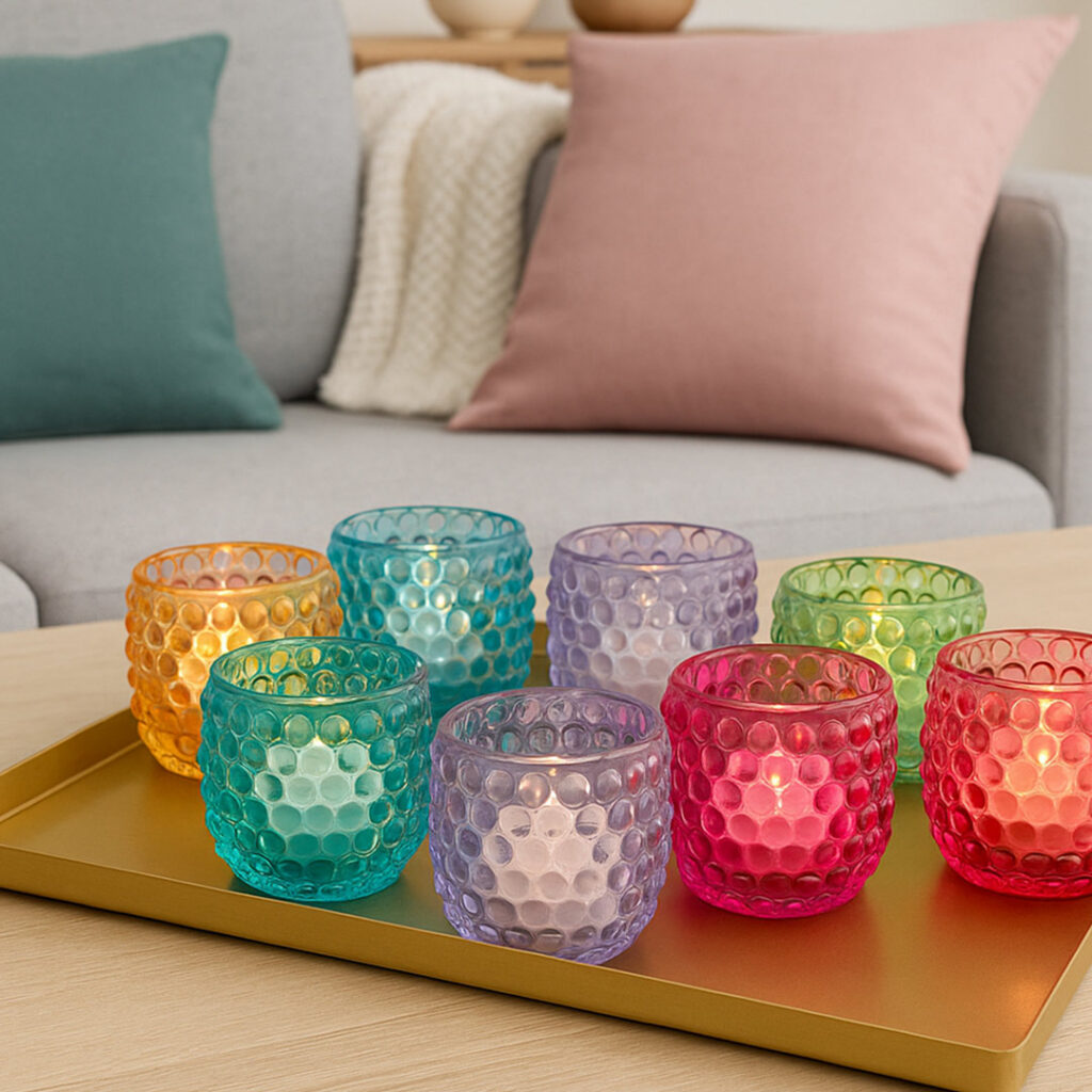 Eine Gruppe von acht bunten, strukturierten Glaskerzenhaltern mit brennenden Kerzen auf einem goldenen Tablett, platziert auf einem hellen Holztisch in einem gemütlichen Wohnzimmer mit einem grauen Sofa und pastellfarbenen Kissen im Hintergrund.