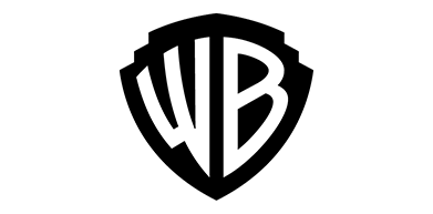 Schwarz-weißes Logo von Warner Bros. mit den Buchstaben WB in einem Schild auf hellem Hintergrund.