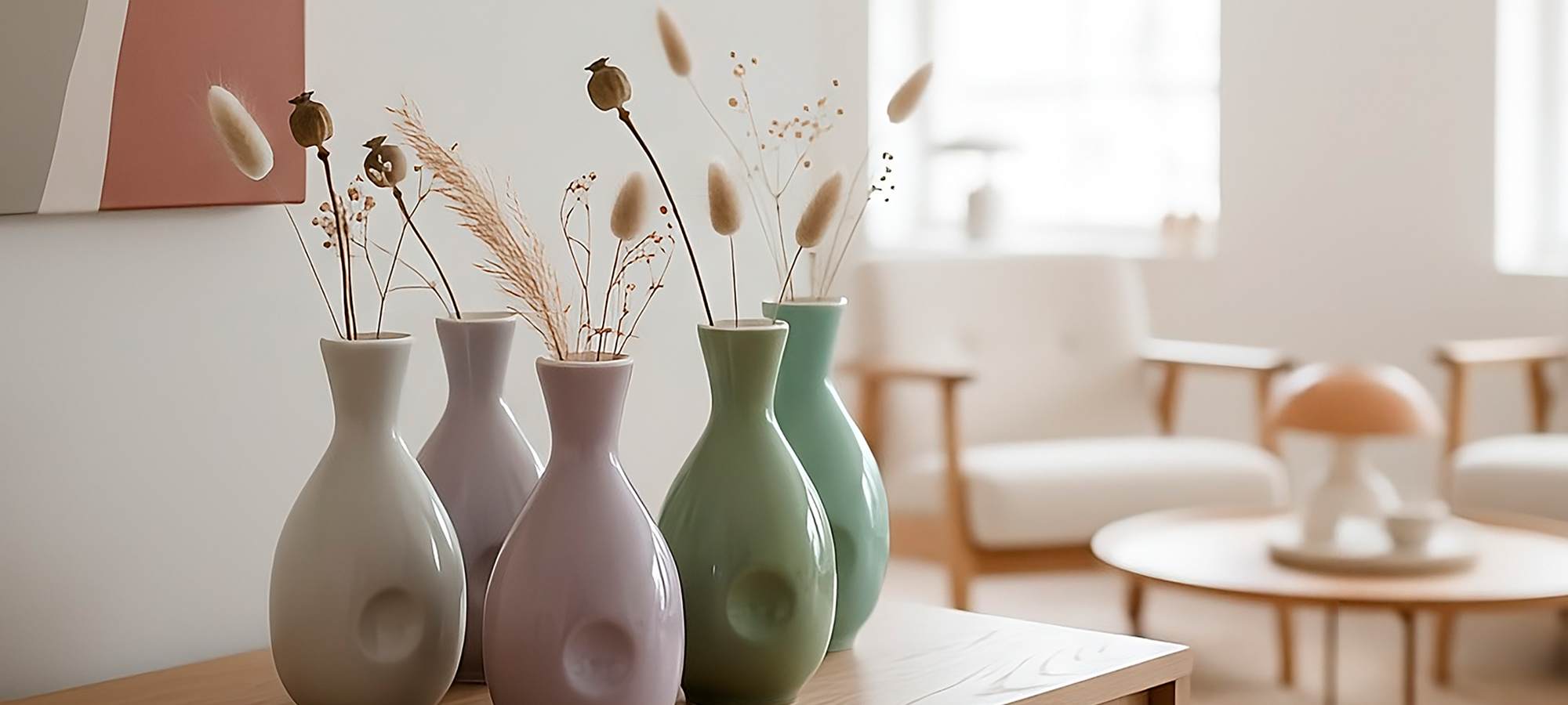 Fünf pastellfarbene Vasen mit getrockneten Blumen und Gräsern stehen auf einem Holztisch in einem hellen, modernen Wohnzimmer mit minimalistischem Dekor und Möbeln in neutralen Tönen im Hintergrund.