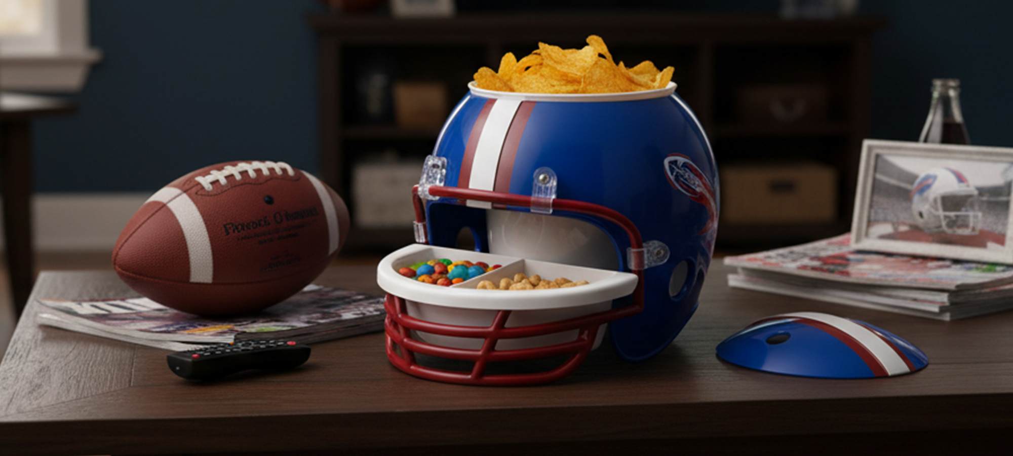Auf einem Tisch steht eine mit Chips gefüllte Snackschale mit blauem Fußballhelm. Der Helmvisier hält zwei kleine Tabletts mit Snacks. In der Nähe befinden sich ein Fußball, eine Fernbedienung, Zeitschriften und ein separates Helmteil.
