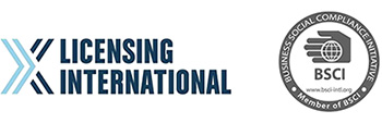 Links das Logo von Licensing International, rechts das BSCI-Logo (Business Social Compliance Initiative) mit einer Hand, die eine Weltkugel hält, und der URL der BSCI-Website sowie Text um das runde Siegel herum.
