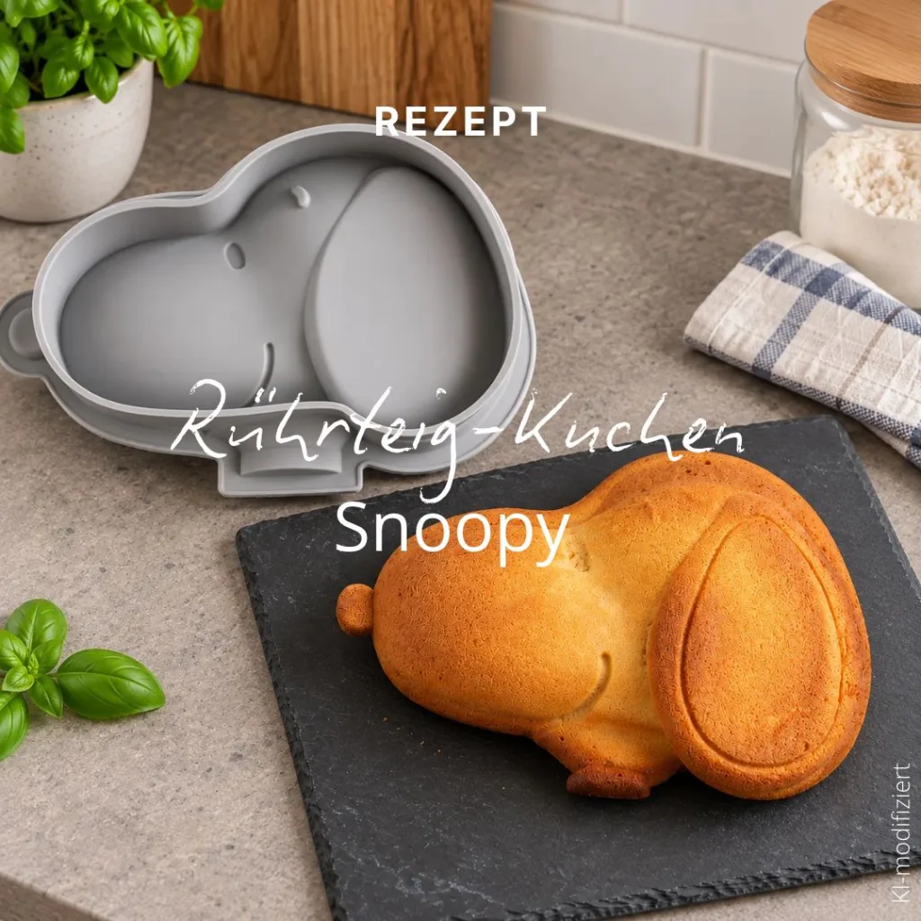 Eine Silikon-Kuchenform in Snoopy-Form und ein gebackener Kuchen in derselben Form, überlagert mit der Aufschrift REZEPT Rührteig-Kuchen Snoopy.