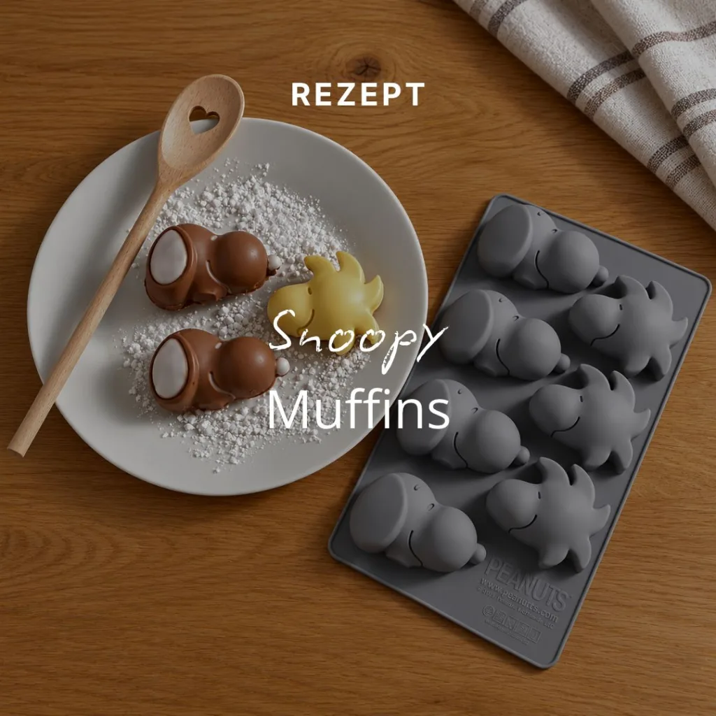 Muffins in Form von Snoopy und Woodstock auf einem Teller, daneben eine Silikon-Backform.