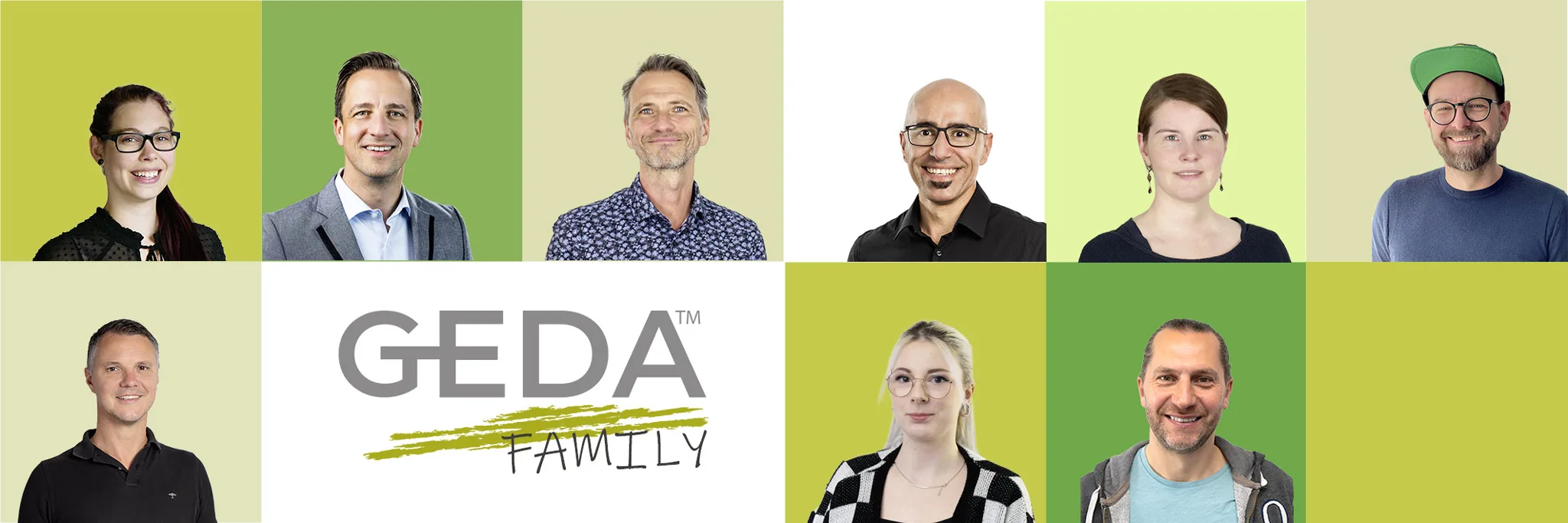 Eine Collage aus Porträtfotos von zehn Personen, die um das zentrale GEDA-Family-Logo herum angeordnet sind.