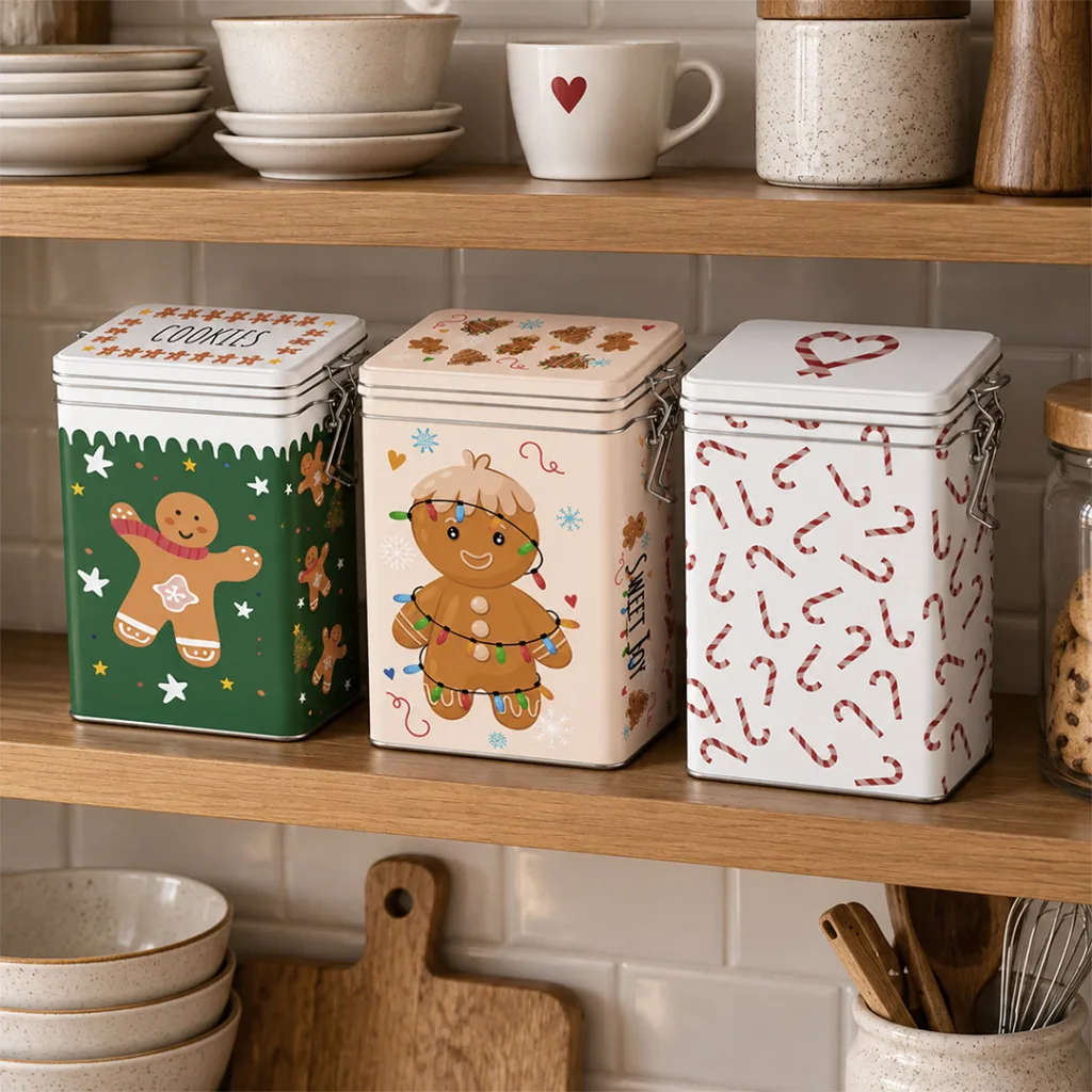 Drei rechteckige Metallbehälter mit weihnachtlichen Motiven – darunter Lebkuchenmännchen und Zuckerstangen – stehen auf einem Küchenregal.