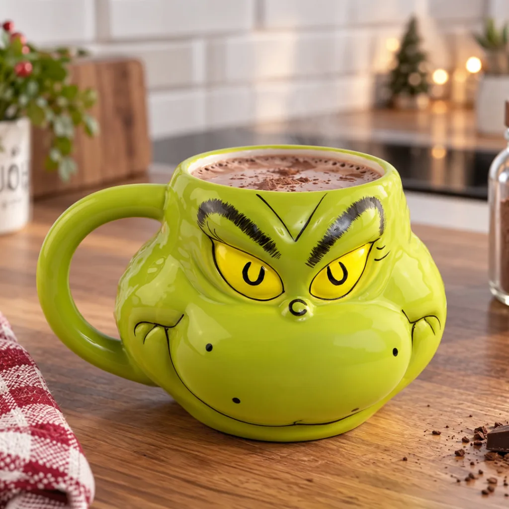 Eine limettengrüne Keramik-Tasse in Form des Gesichts des Grinchs, gefüllt mit heißer Schokolade.