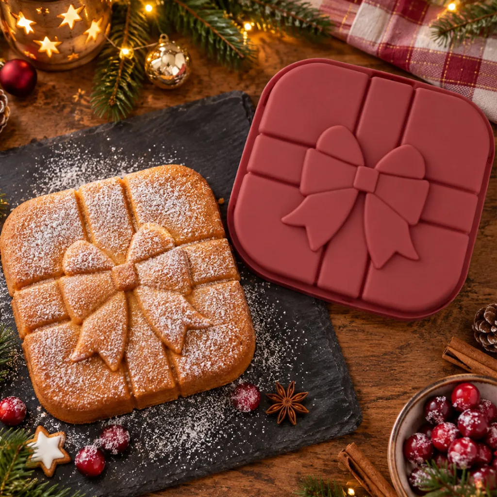Ein quadratischer Kuchen in Form eines Geschenks mit Schleife, bestäubt mit Puderzucker, neben der passenden roten Silikonform auf einem Holztisch mit Weihnachtsdekoration.