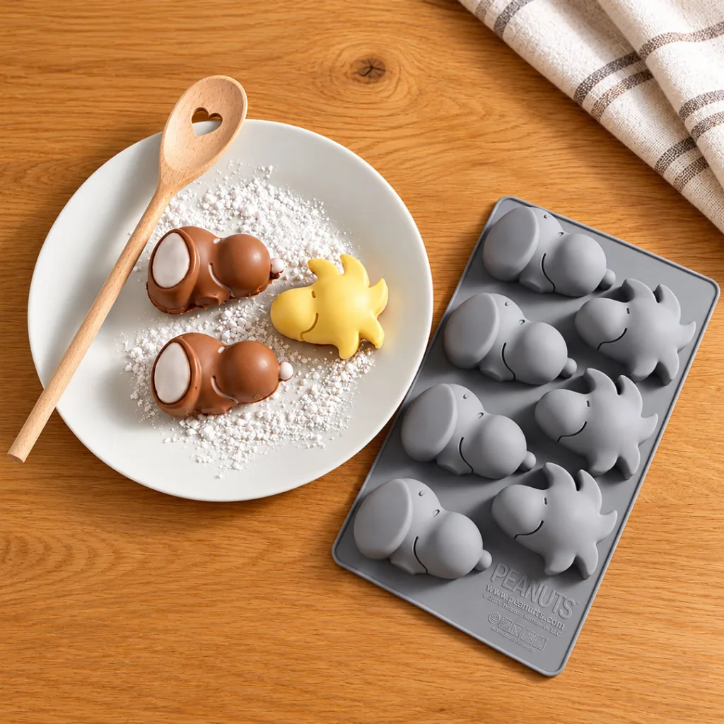 Zwei braune Schokoladenstückchen und ein gelbes Bonbon in Form einer Figur auf einem weißen Teller mit einem Holzlöffel, daneben eine Silikonform mit Snoopy und Woodstock.
